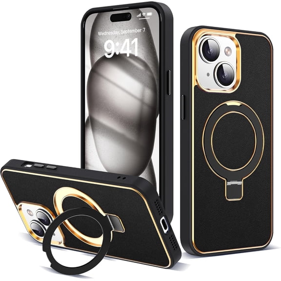 Designed for iPhone 15 Case with Magnetic Invisible O-Ring Stand Leather Business Phone Cases for iPhone 15 6.1" Compatible with Mag-Safe [Military Grade Drop Protection] Shockproof,Black