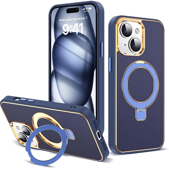 Designed for iPhone 15 Case with Magnetic Invisible O-Ring Stand Leather Business Phone Cases for iPhone 15 6.1" Compatible with Mag-Safe [Military Grade Drop Protection]Shockproof,Dark Blue