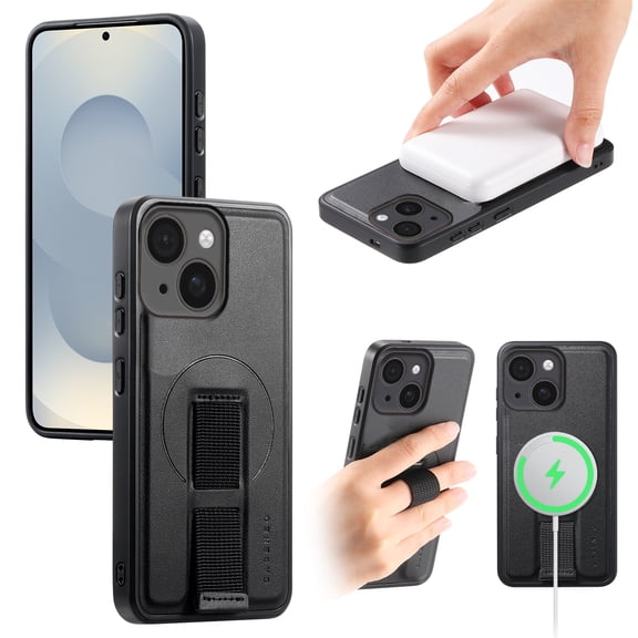 Designed for iPhone 15 Case Magnetic, [Support Wireless Charging] Rugged Cover with Wristband Anti-Drop Finger Strap Heavy Duty Shockproof Phone Case for iPhone 15, Black