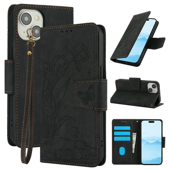 Designed for iPhone 15 Case Wallet, Elegant Women Flip Folio Cover with Flower Embossed PU Leather Stand Credit Card Holders Slots Wrist Strap Phone Case for iPhone 15, Black