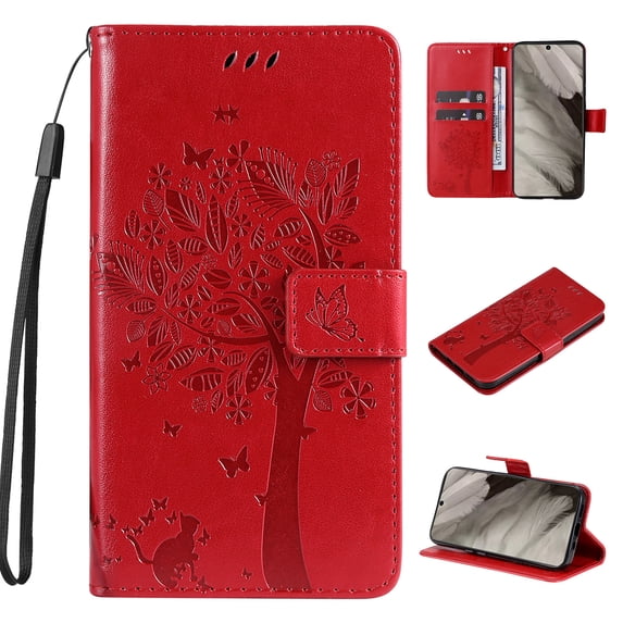 Designed for iPhone 15 Case Wallet for Women, Flip Folio Cover with Embossed PU Leather Kickstand Credit Card Holder Magnetic Wrist Strap Protective Case for iPhone 15, Red