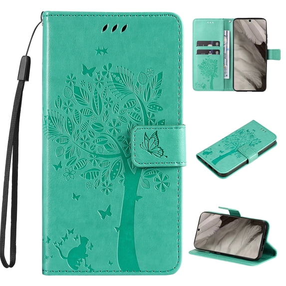 Designed for iPhone 15 Case Wallet for Women, Flip Folio Cover with Embossed PU Leather Kickstand Credit Card Holder Magnetic Wrist Strap Protective Case for iPhone 15, Green
