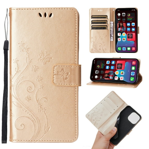 Designed for iPhone 15 Case, Wrist Strap Flip Kickstand PU Leather Wallet Case Cash Card Slots Holder, Protective Shockproof Pattern Women Cover for iPhone 15, Gold