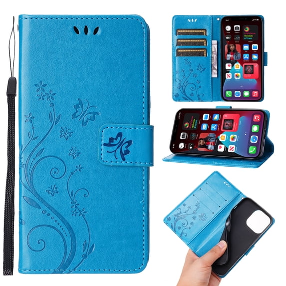 Designed for iPhone 15 Case, Wrist Strap Flip Kickstand PU Leather Wallet Case Cash Card Slots Holder, Protective Shockproof Pattern Women Cover for iPhone 15, Blue