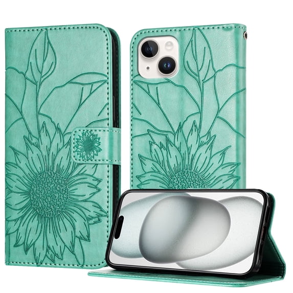 Designed For iPhone 15 Flip Phone Case,Flip Folio Cover with Credit Card Holders Emboss Sunflower PU Leather Purse Kickstand Shockproof A nti-fall Ultra Slim Phone Case,Green