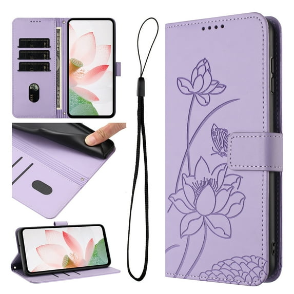 Designed for iPhone 15 Floral Embossed Flip Wallet Case PU Leather with Card Slots + Cash Slot, Fashion Shock-Absorbent Kickstand Wrist Strap Protective Women Girls Phone Cover, Purple