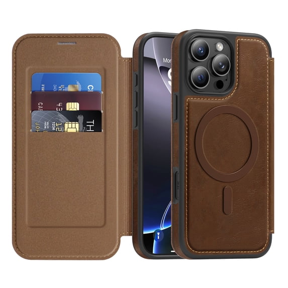 Designed for iPhone 15 Magnetic Flip Phone Case,With RFID Blocking Card Slots,Compatible with Mag-Safe,PU Leather Shockproof Anti-fall Flip Folio Ultra Slim Wallet Phone Case,Coffee