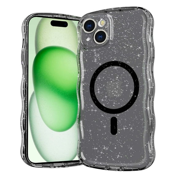 Designed for iPhone 15 Magnetic Phone Case,Compatible with Mag-safe,Cute Curly Wave Frame Design,Sparkly Bling Glitter Shockproof Anti-fall Rugged Transparent Phone Case,Black