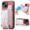 thumbnail image 1 of Designed for iPhone 15, PU Leather Floral Pattern Card Slots Back Case, Zipper Storage Design Kickstand RFID Blocking Material Built-in Magnetic Car Mount Function Phone Cover, Pink, 1 of 9