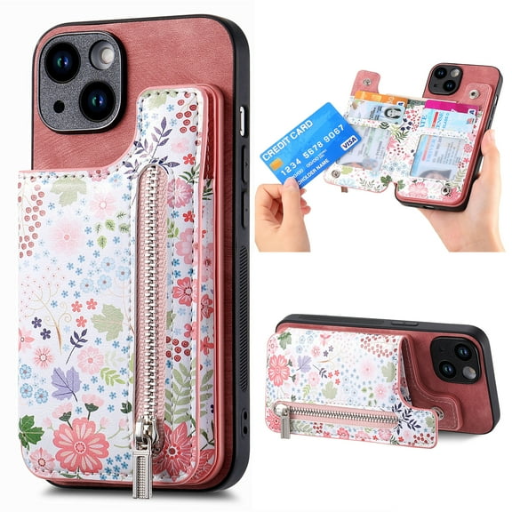 Designed for iPhone 15, PU Leather Floral Pattern Card Slots Back Case, Zipper Storage Design Kickstand RFID Blocking Material Built-in Magnetic Car Mount Function Phone Cover, Pink
