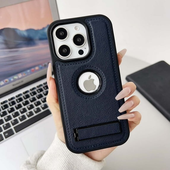 Designed For iPhone 15 PU Leather Phone Case,With Logo View,Invisible Kickstand,Military-Grade Shockproof Slim Fit Sturdy Anti-Scratch Heavy Duty Rugged Phone Case Cover,Blue