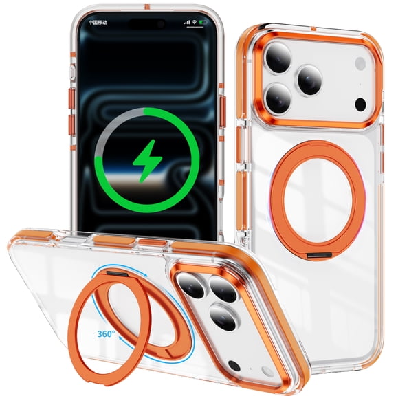 Designed For iPhone 15 Phone Case,360°Rotatable Ring Kickstand,Crystal Transparent Back,Shockproof Military-Grade Protection,Anti-fall Durable Thin Fit Two-color Phone Case,Orange