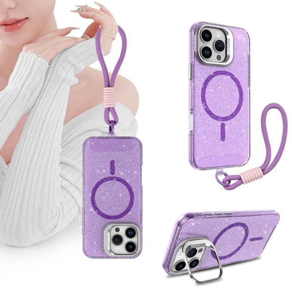 Designed for iPhone 15 Phone Case,Compatible with Mag-safe,With Contractile Lens Ring Kickstand,Wrist Strap,Bling Glitter Transparent Back Shockproof Ultra Slim Phone Case,Purple