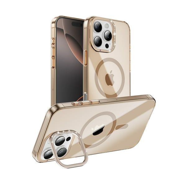 Designed for iPhone 15 Phone Case Magnetic with Kickstand ,Slim Shockproof Military protecive Buil-in Diamond Camera Ring Stand Anti-fall Transparent Phone Cover Case,Gold