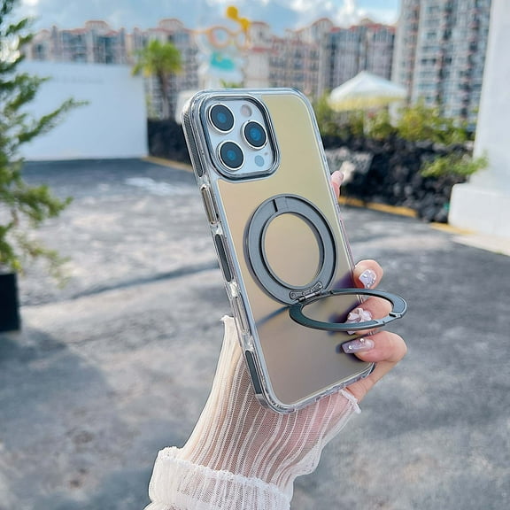 Designed for iPhone 15 Phone Case,With Contractile Ring Kickstand,Color-changing Glossy Back,Ultra Slim Shockproof Anti-Scratch Iridescent Translucent Durable Phone Case,Black