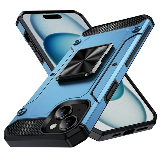 Designed for iPhone 15 Plus Back Case, 360 & 180 Degree Rotatable Kickstand Armor Design Ultra Shockproof Drop Protective Heavy Duty Luxury Anti-falling for iPhone 15 Plus, Navyblue