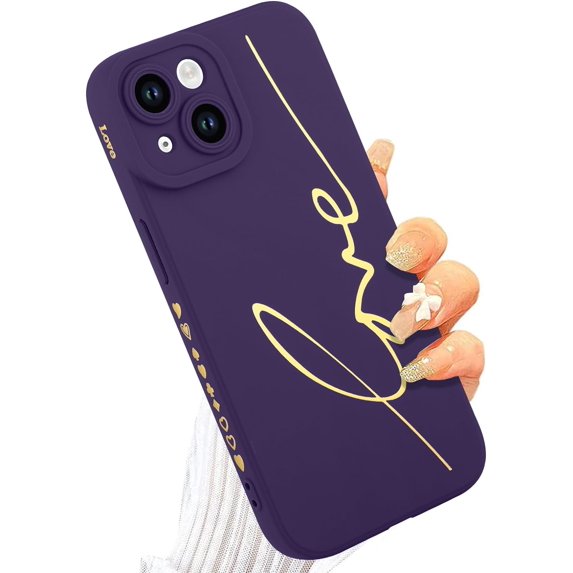 Designed for iPhone 15 Plus Case 6.7 inch, Back Cute Plating Love Letter Graphic with Anti-Fall Lens Cameras Cover Protection Soft TPU Shockproof Phone Cases for Women Girls Men-Purple