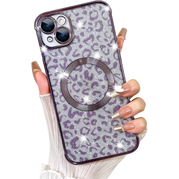 Designed for iPhone 15 Plus Case,Compatible with MagSafe Cheetah Print Plating Camera Plustection Clear Phone Case, Magnetic Glitter Leopard Print for Women Girls Phone Case 6.7"-Purple