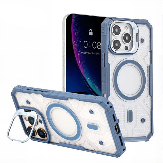 Designed for iPhone 15 Plus Case, Mag-Safe Compatible, Clear Slim Case with Built-in Camera Lens Stand, Anti-Yellowing, Durable Protection with Shockproof Corners for iPhone 14 Plus, Blue