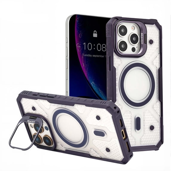 Designed for iPhone 15 Plus Case, Mag-Safe Compatible, Clear Slim Case with Built-in Camera Lens Stand, Anti-Yellowing, Durable Protection with Shockproof Corners for iPhone 14 Plus, Darkpurple
