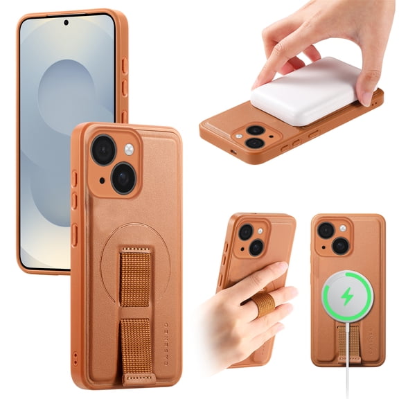 Designed for iPhone 15 Plus Case Magnetic, [Support Wireless Charging] Rugged Cover with Wristband Anti-Drop Finger Strap Heavy Duty Shockproof Phone Case for iPhone 15 Plus, Brown