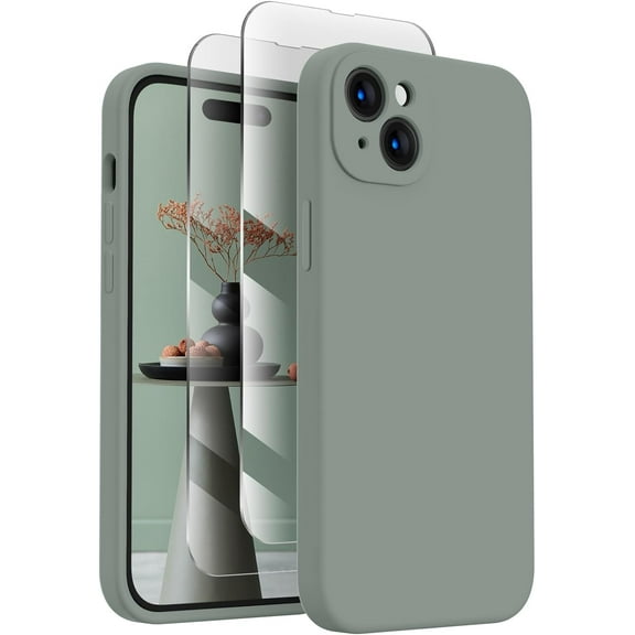 Designed for iPhone 15 Plus Case, Silicone Upgraded [Camera Protection] Case with [2 Screen Protectors], Soft Anti-Scratch Microfiber Lining Inside, 6.7 inch, Calke Green