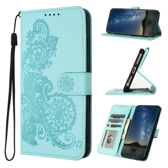 Designed for iPhone 15 Plus Case Wallet, Women Flip Folio Cover with Floral Embossed PU Leather Stand Credit Card Holders Slots Wrist Strap Purse Phone Case for iPhone 15 Plus, Lightblue