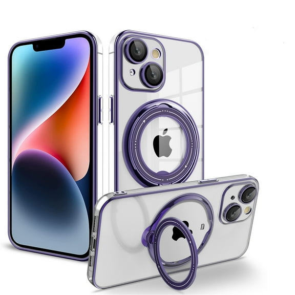 Designed for iPhone 15 Plus Magnetic Case, Glitter Bling 360 Degree Rotating Finger Ring Holder Kickstand Function Bumper Compatible with MagSafe for Women Men with Logo Visible - Darkpurple