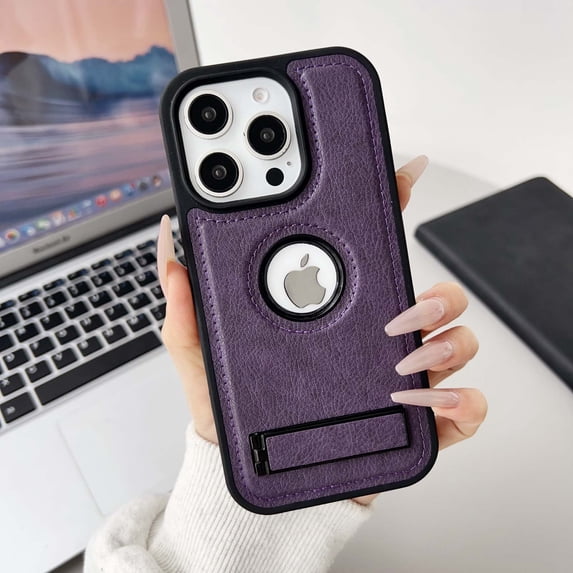 Designed For iPhone 15 Plus PU Leather Phone Case,With Logo View,Invisible Kickstand,Military-Grade Shockproof Slim Fit Sturdy Anti-Scratch Heavy Duty Rugged Phone Case Cover,Purple