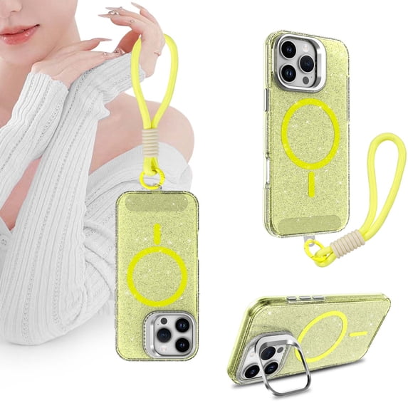 Designed for iPhone 15 Plus Phone Case,Compatible with Mag-safe,With Contractile Lens Ring Kickstand,Wrist Strap,Bling Glitter Transparent Back Shockproof Ultra Slim Phone Case,Yellow