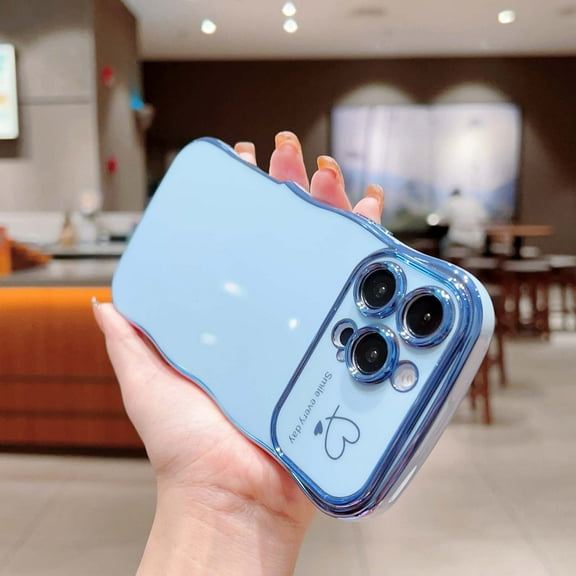 Designed For iPhone 15 Plus Phone Case,Cute Curly Wave Frame with Luxury Plating Love Heart Pattern For Women Girls,Soft TPU Shockproof Raised Lens Protection Phone Case,Blue