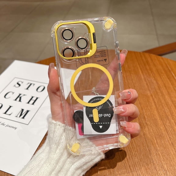 Designed For iPhone 15 Plus Phone Case,With Camera Ring Kickstand,Four Corners Anti-fall,[Compatible with MagSafe] With Lens Film,Shockproof Rugged Transparent Phone Case Cover,Yellow