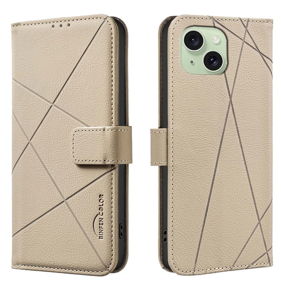 Designed for iPhone 15 Plus Wallet Phone Case,Premium Line Embossing PU Leather Magnetic Flip Folio Case with RFID Blocking Credit Card Slots,With Kickstand,Shockproof Phone Case,Beige