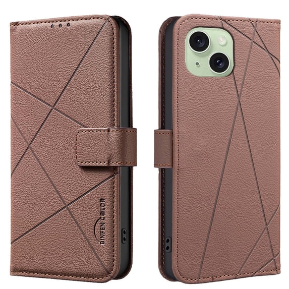 Designed for iPhone 15 Plus Wallet Phone Case,Premium Line Embossing PU Leather Magnetic Flip Folio Case with RFID Blocking Credit Card Slots,With Kickstand,Shockproof Phone Case,Brown