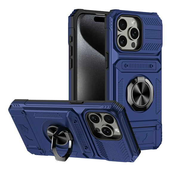 Designed for iPhone 15 Pro Card Holder Case with 360°Rotatable Ring Holder Kickstand,2-Layer Heavy Duty Shockproof Rugged Hybrid Hard PC Soft Rubber Case For iPhone 15 Pro, Blue