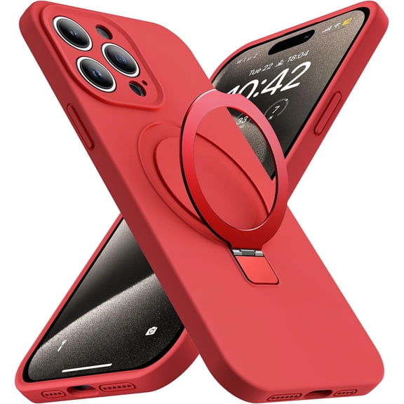 Designed for iPhone 15 Pro Case with Magnetic Invisible Stand Compatible with MagSafe Military-Grade Protection Shockproof Liquid Silicone iPhone 15 Pro Phone Cases for Women Men Gift,Red