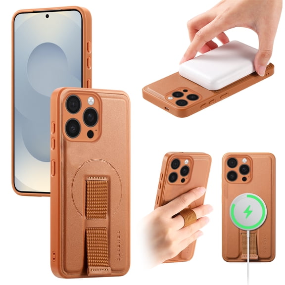 Designed for iPhone 15 Pro Case Magnetic, [Support Wireless Charging] Rugged Cover with Wristband Anti-Drop Finger Strap Heavy Duty Shockproof Phone Case for iPhone 15 Pro, Brown
