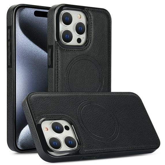 Designed for iPhone 15 Pro Case Strong Magsafe, Vintage PU Leather Soft Snap-on Back Cover Slim Protective Shockproof Wireless Charging Phone Case Cover for iPhone 15 Pro, Black