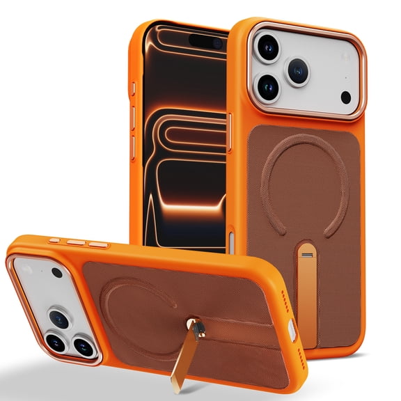 Designed for iPhone 15 Pro Case, Tech Fabric + PC + Metal Material, 360° Rotating Adjustable Bracket Shockproof Drop Protective Ultra Slim Lightweight Phone Case Cover, Orangebrown
