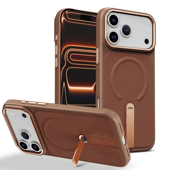 Designed for iPhone 15 Pro Case, Tech Fabric + PC + Metal Material, 360° Rotating Adjustable Bracket Shockproof Drop Protective Ultra Slim Lightweight Phone Case Cover, Desertgold