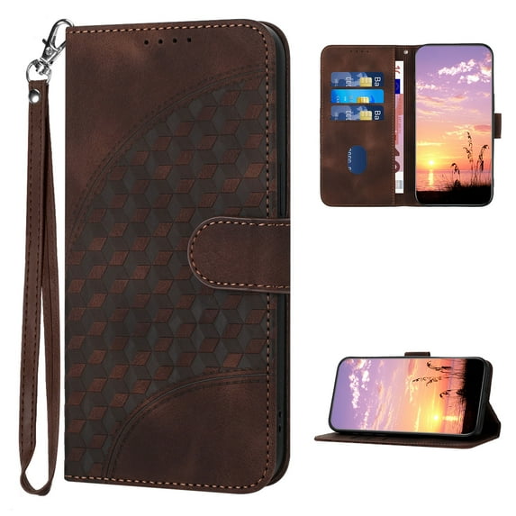 Designed for iPhone 15 Pro Case Wallet, Women Flip Folio Cover with Embossed PU Leather Stand Credit Card Holders Slots Wrist Strap Magnetic Closure Phone Case for iPhone 15 Pro, Coffee