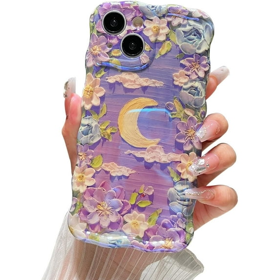 Designed for iPhone 15 Pro Case for Women, Cute Curly Wave Frame Shape, Colorful Retro Oil Painting Flower Laser Beam Glossy Pattern, Compatible with iPhone Case (iPhone 15 Pro, Moon)