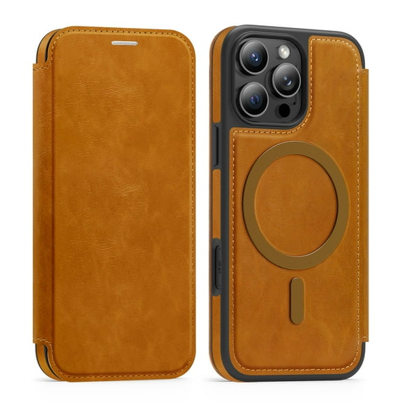 Designed for iPhone 15 Pro Flip Phone Case,Compatible with Mag-Safe,with RFID Blocking Credit Card Holder,PU Leather Folio Flip Protective Shockproof Rugged Phone Case Cover,Brown
