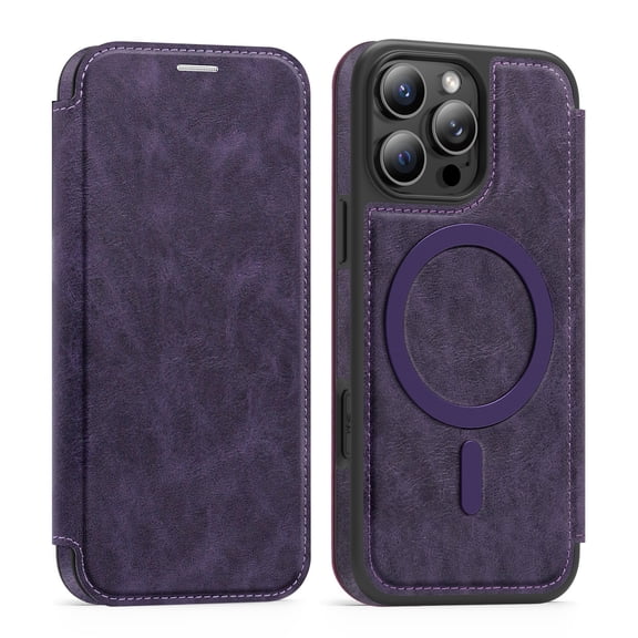Designed for iPhone 15 Pro Flip Phone Case,Compatible with Mag-Safe,with RFID Blocking Credit Card Holder,PU Leather Folio Flip Protective Shockproof Rugged Phone Case Cover,Purple