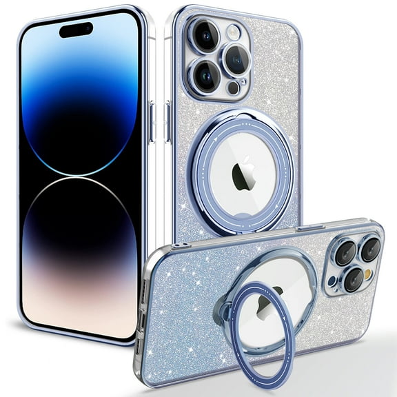 Designed for iPhone 15 Pro Magnetic Case, Glitter Bling 360 Degree Rotating Finger Ring Holder Kickstand Function Bumper Compatible with MagSafe for Women Men with Logo Visible - Blue