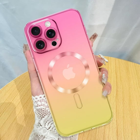 Designed for iPhone 15 Pro Max Case Magnetic Clear Cute Gradient Slim Case for Women Men Full Camera Protector Camera Shockproof Compatible with MagSafe Cover 15 Pro Max Pink Yellow