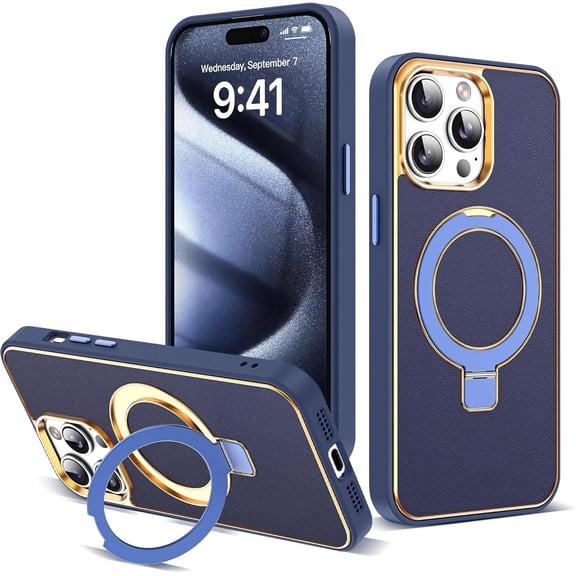 Designed for iPhone 15 Pro Max Case with Magnetic Invisible O-Ring Stand Leather Business Phone Cases for iPhone 15 Pro Max 6.7"Compatible with Mag-Safe[Military Grade Protection],Dark Blue