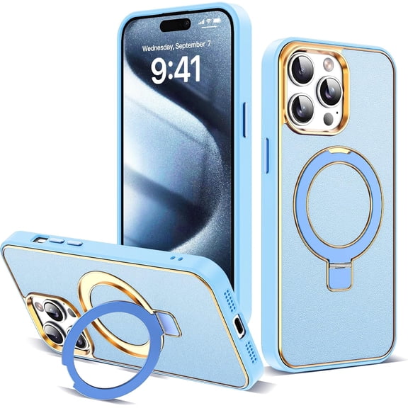 Designed for iPhone 15 Pro Max Case with Magnetic Invisible O-Ring Stand Leather Business Phone Cases for iPhone 15 Pro Max 6.7" Compatible with Mag-Safe [Military Grade Protection],Blue