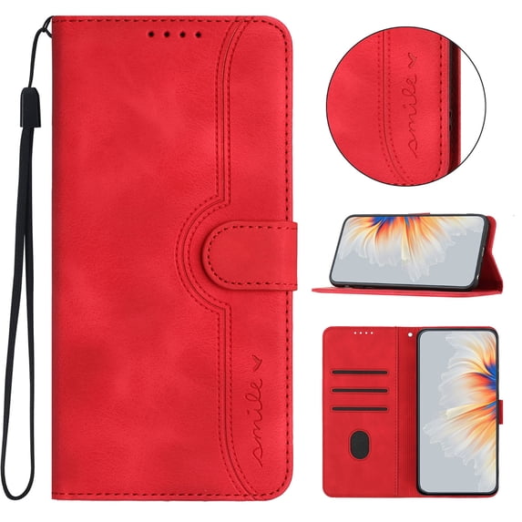 Designed for iPhone 15 Pro Max Case Wallet, Flip Folio Cover with PU Leather Adjustable Stand Credit Card Holders Slots Wrist Strap Magnetic Closure Phone Case for iPhone 15 Pro Max, Red