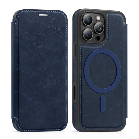 Designed for iPhone 15 Pro Max Flip Phone Case,Compatible with Mag-Safe,with RFID Blocking Credit Card Holder,PU Leather Folio Flip Protective Shockproof Rugged Phone Case Cover,Blue